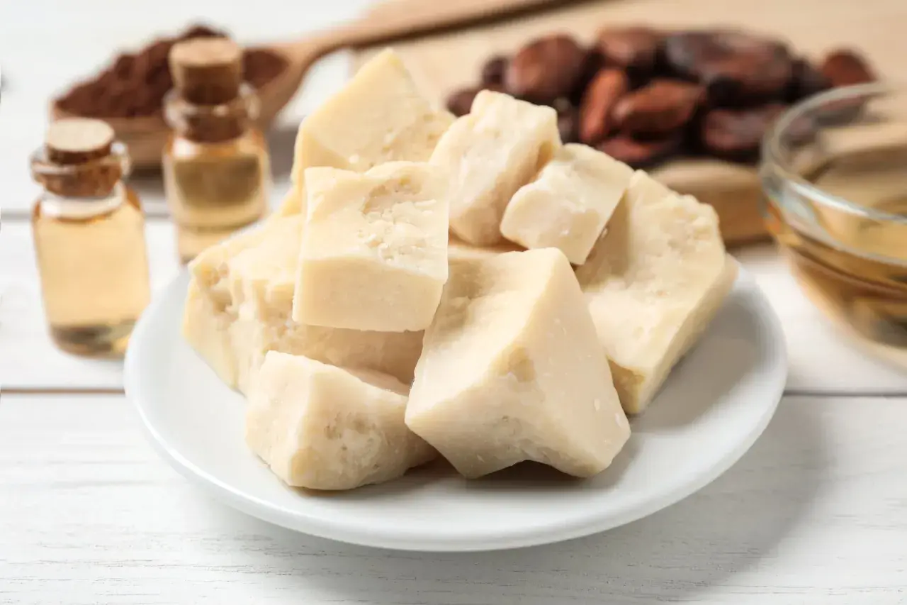 Trozo de manteca de cacao, rica en ácido oleico, con aceites y granos de cacao al fondo.