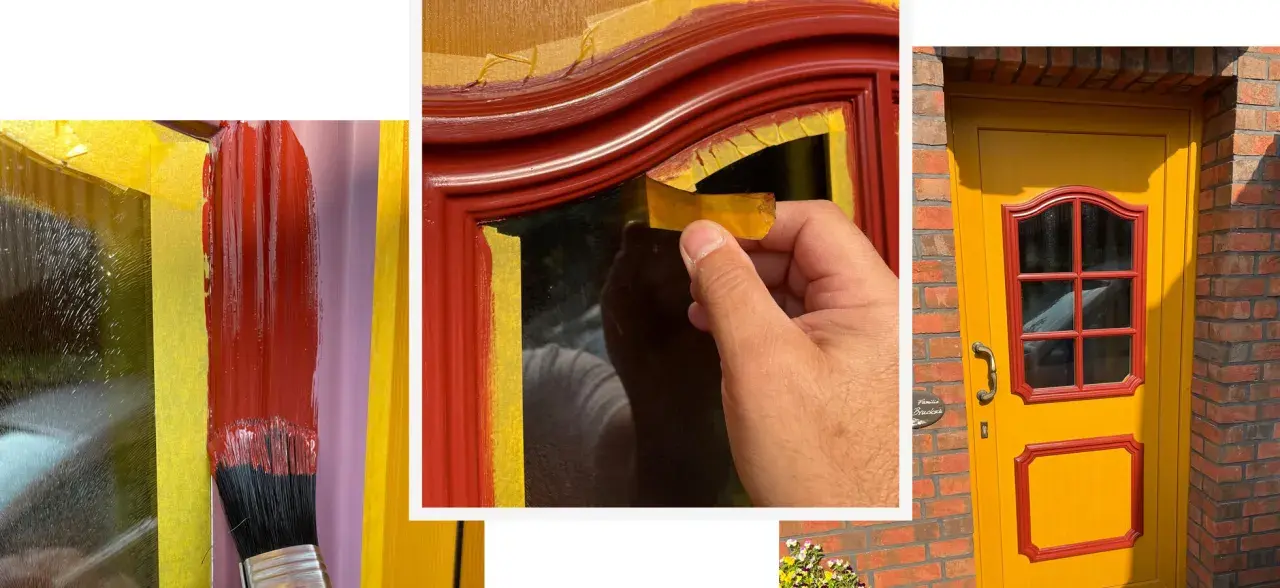 Detailaufnahme: Ein Pinsel mit roter Farbe streicht über eine mit Klebeband abgeklebte Fläche. Ein Mann zieht Klebeband ab. Eine gelbe Tür mit roten Akzenten. Kunststoff lackieren für ein frisches Aussehen.