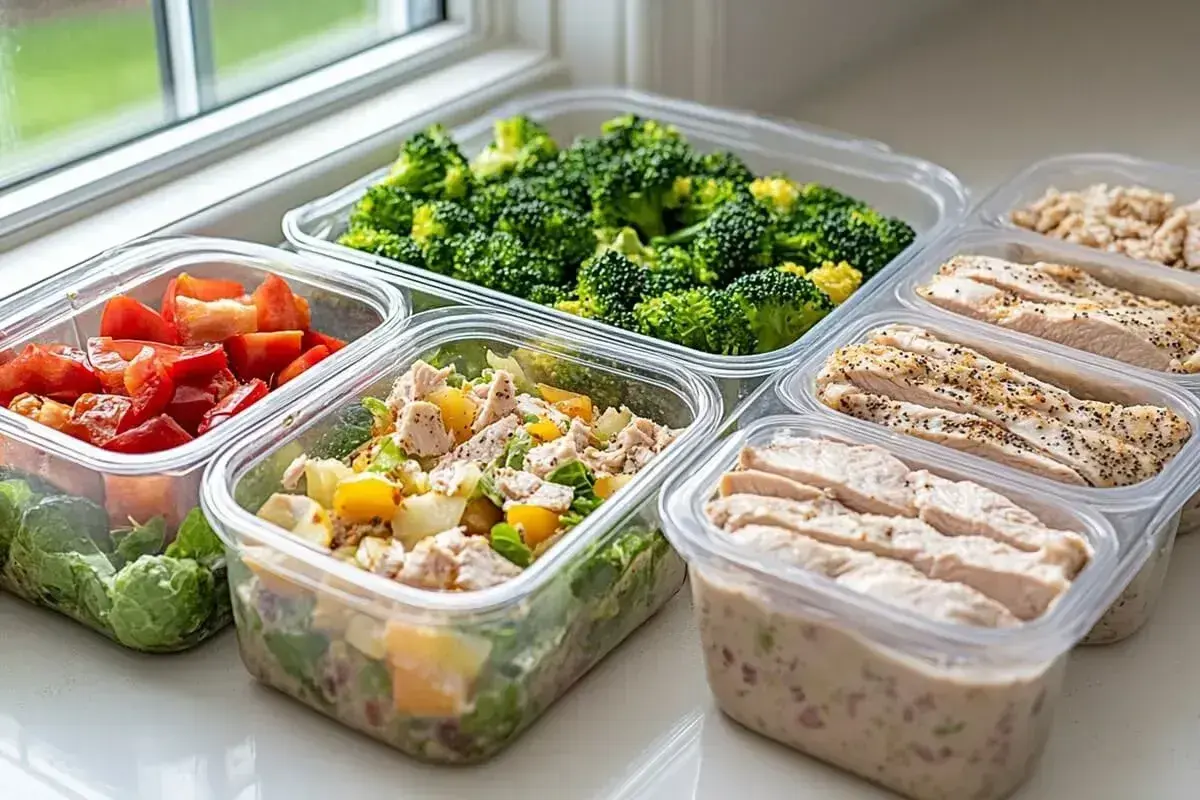 Gotowe posiłki w pojemnikach: kurczak, brokuły, pomidory i sałatka. Idealne meal prep przepisy na szybki obiad.