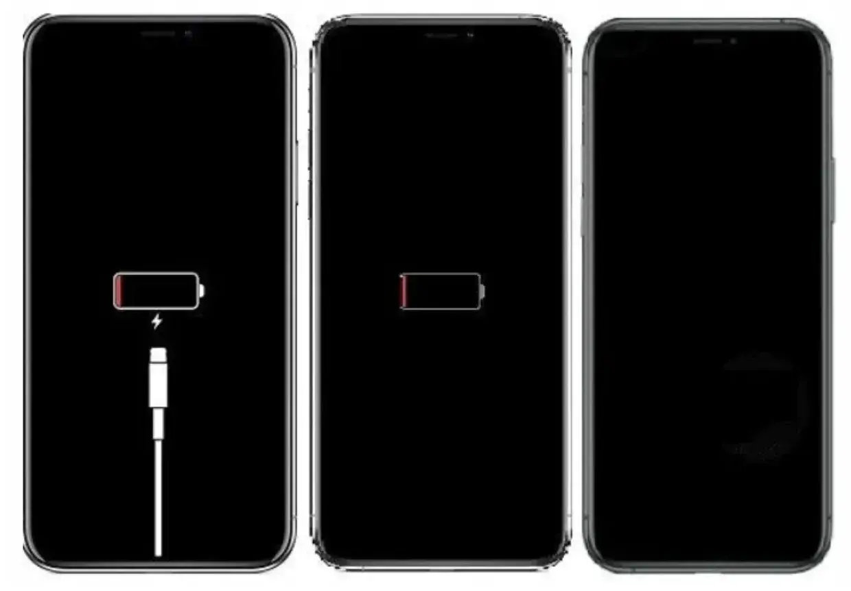 Trzy iPhone'y z czarnymi ekranami. Pierwszy pokazuje ikonę baterii z kablem, drugi pustą baterię, trzeci czarny ekran. Wskazuje na potrzebę wymiany baterii iPhone 13 Pro.