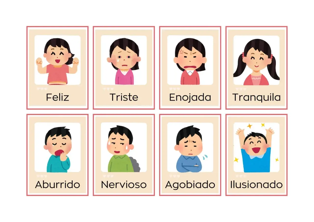 Tarjetas con dibujos de emociones para niños: feliz, triste, enojada, tranquila, aburrido, nervioso, agobiado, ilusionado.