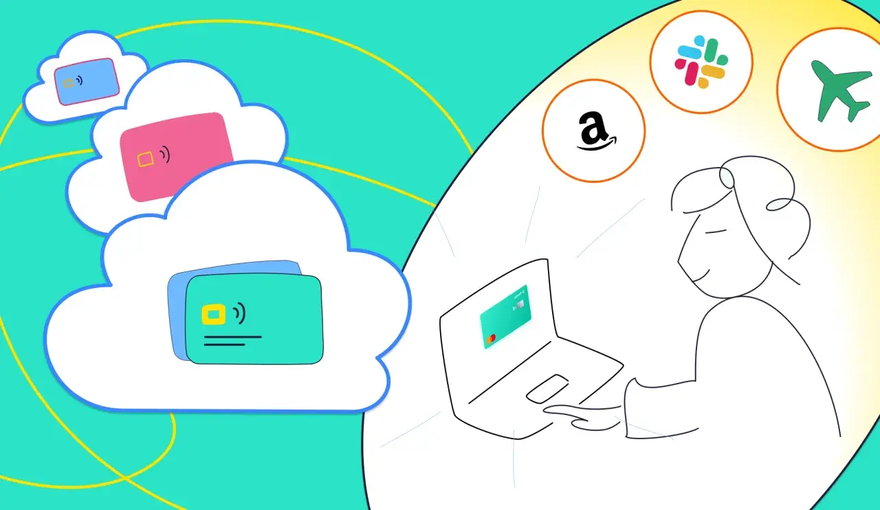 Person nutzt virtuelle Kreditkarte auf Laptop für Online-Shopping, Reisen & mehr. Digitale Zahlungen in der Cloud.