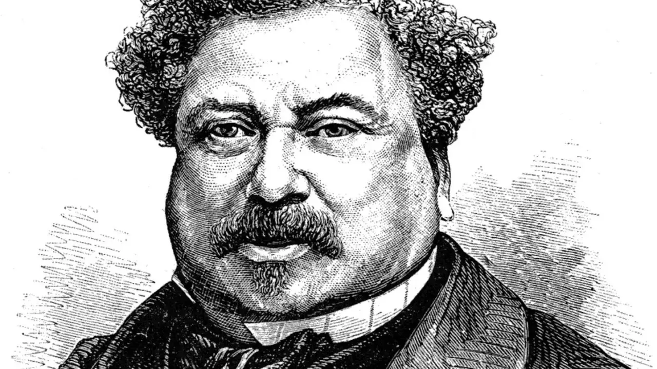 Porträt von Alexandre Dumas, dem Autor von "Die drei Musketiere", mit lockigem Haar und Schnurrbart.
