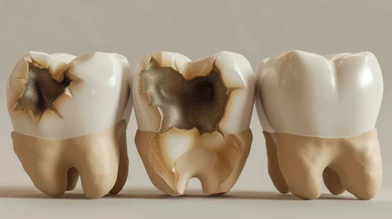 Tre denti, due con carie profonde e uno sano. Quanto tempo ci vuole per curare una carie? Dipende dalla gravità.
