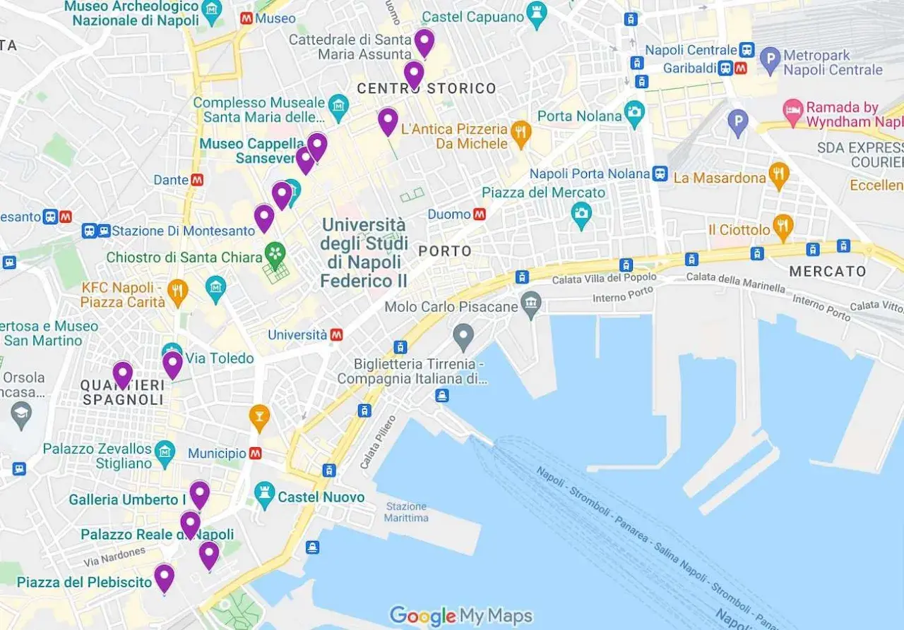 A Naples Italy neighborhoods map highlighting key landmarks like the National Archaeological Museum, University of Naples Federico II, and Castel Nuovo.