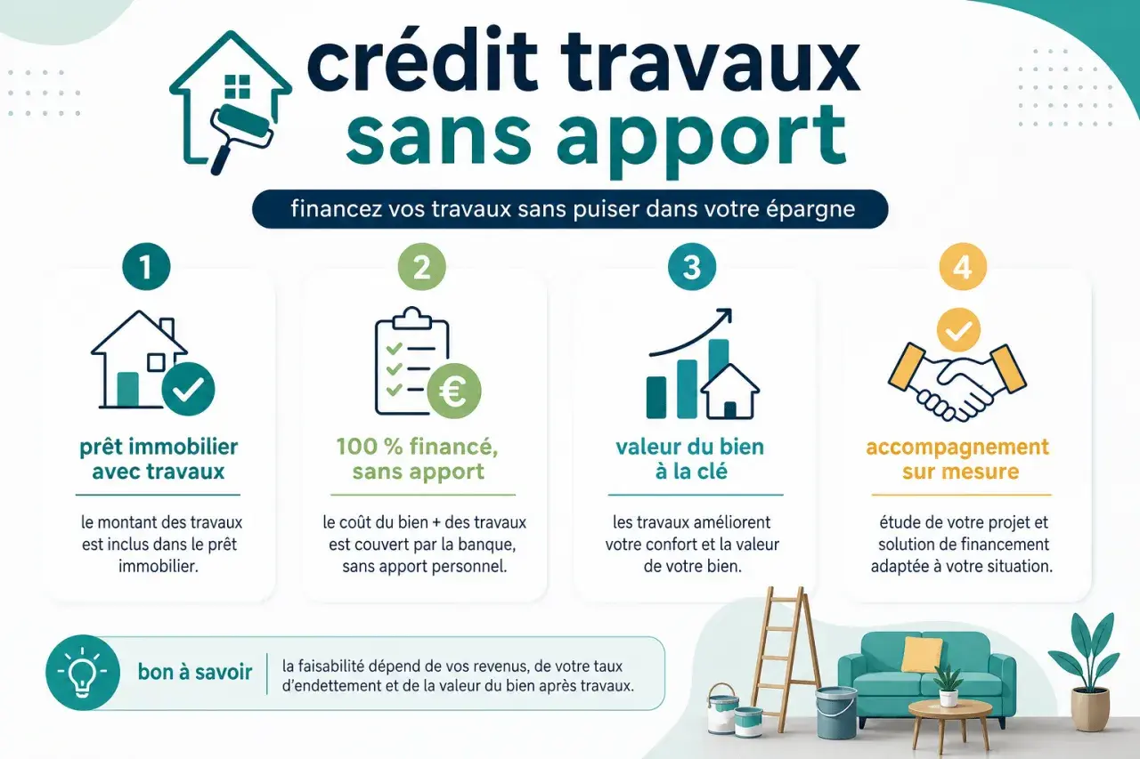 Crédit travaux sans apport : 4 étapes pour financer vos rénovations. Une nouvelle loi facilite le prêt immobilier sans apport pour vos travaux.