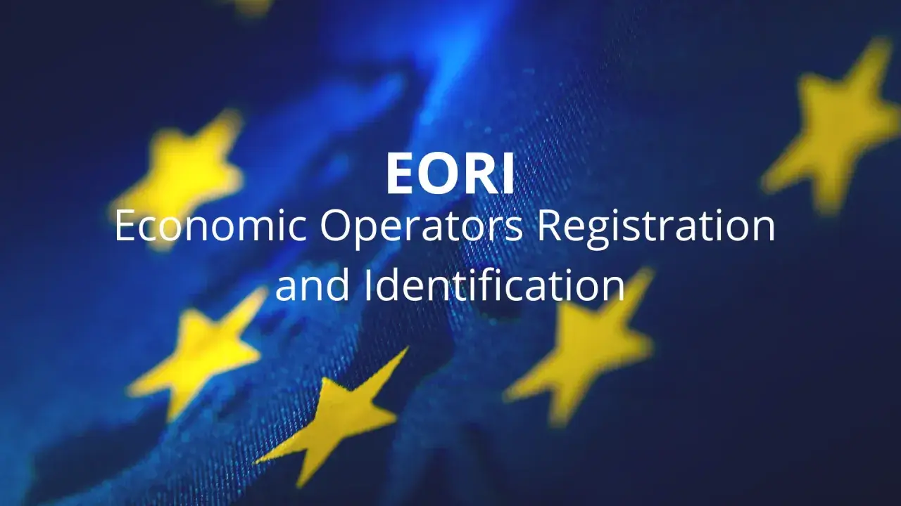 EORI: Rejestracja i Identyfikacja Podmiotów Gospodarczych na tle flagi UE.