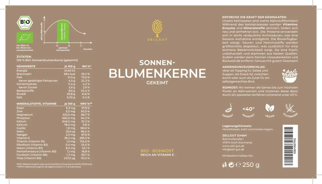 100% BIO-Sonnenblumenkerne (gekeimt), reich an Vitamin E. Diese gesunden Sonnenblumenkerne sind eine Nährstoffbombe.