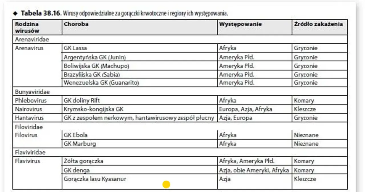Tabela przedstawia wirusy odpowiedzialne za gorączki krwotoczne, w tym wirus Marburg, jego występowanie w Afryce i nieznane źródło zakażenia.
