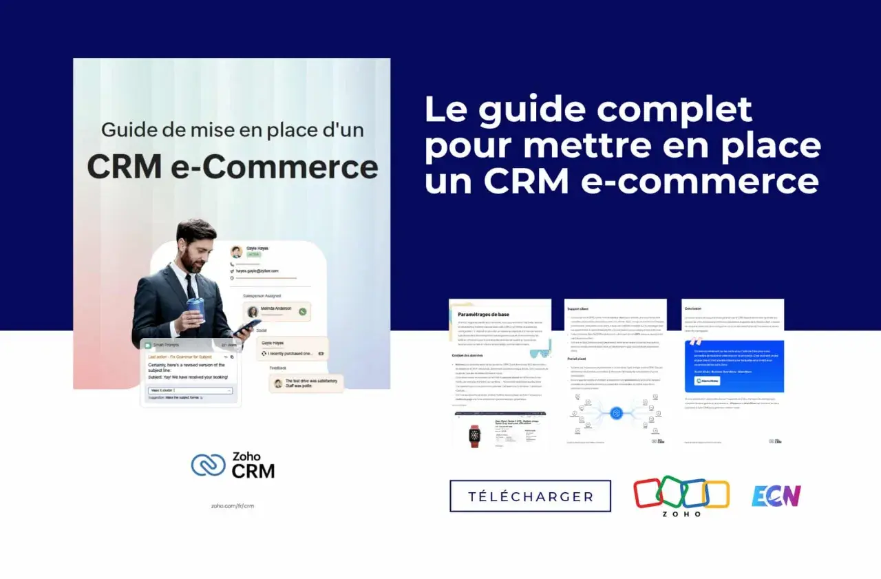 Guide complet pour mettre en place un CRM e-commerce. Illustration d'un homme d'affaires consultant une interface de programme CRM.