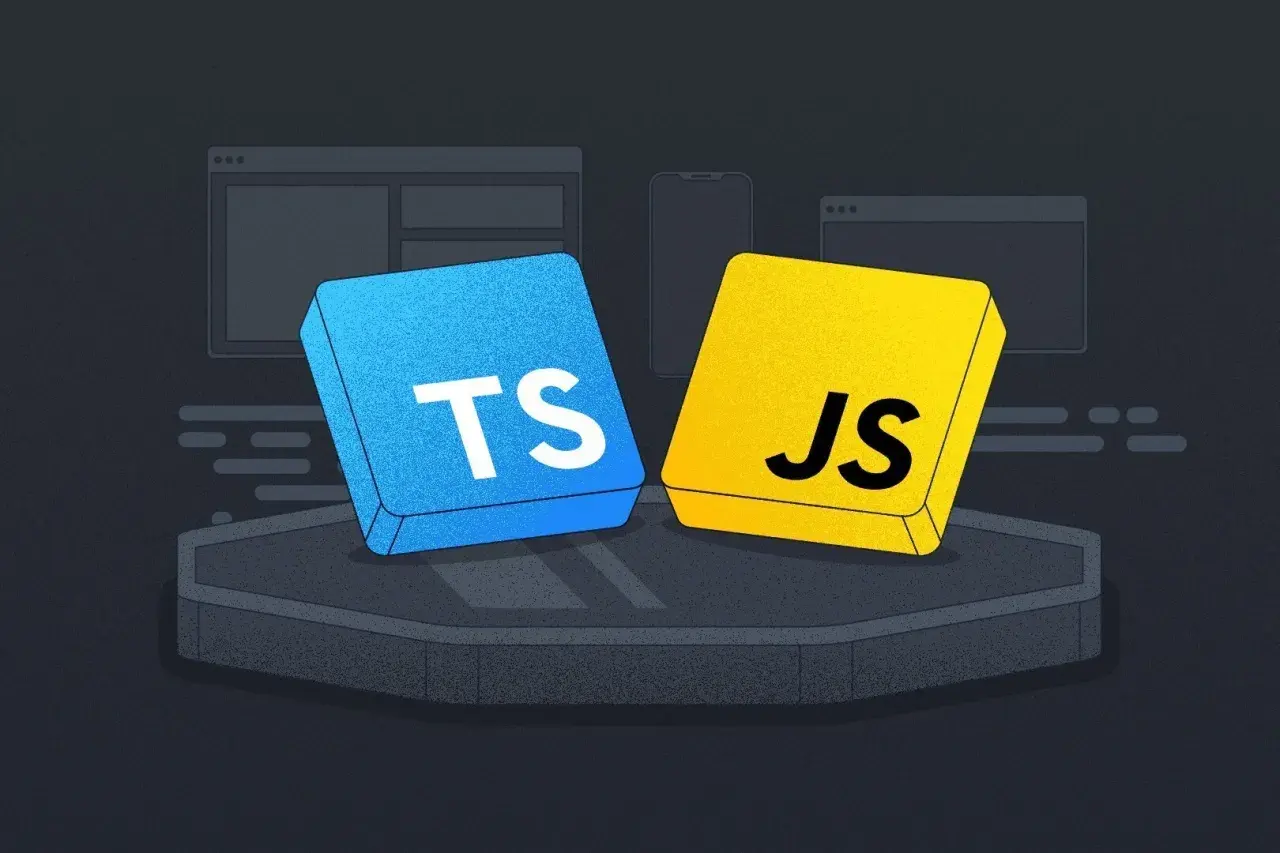Deux blocs, un bleu "TS" et un jaune "JS", symbolisent les langages de programmation. Un commentaire typescript pourrait expliquer leur relation.