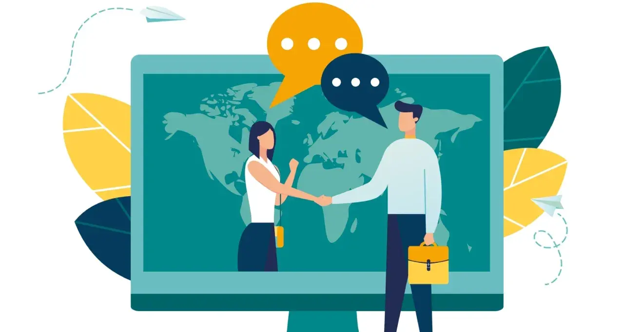 Illustration d'une mise en relation professionnelle réussie, avec deux personnes se serrant la main devant une carte du monde.