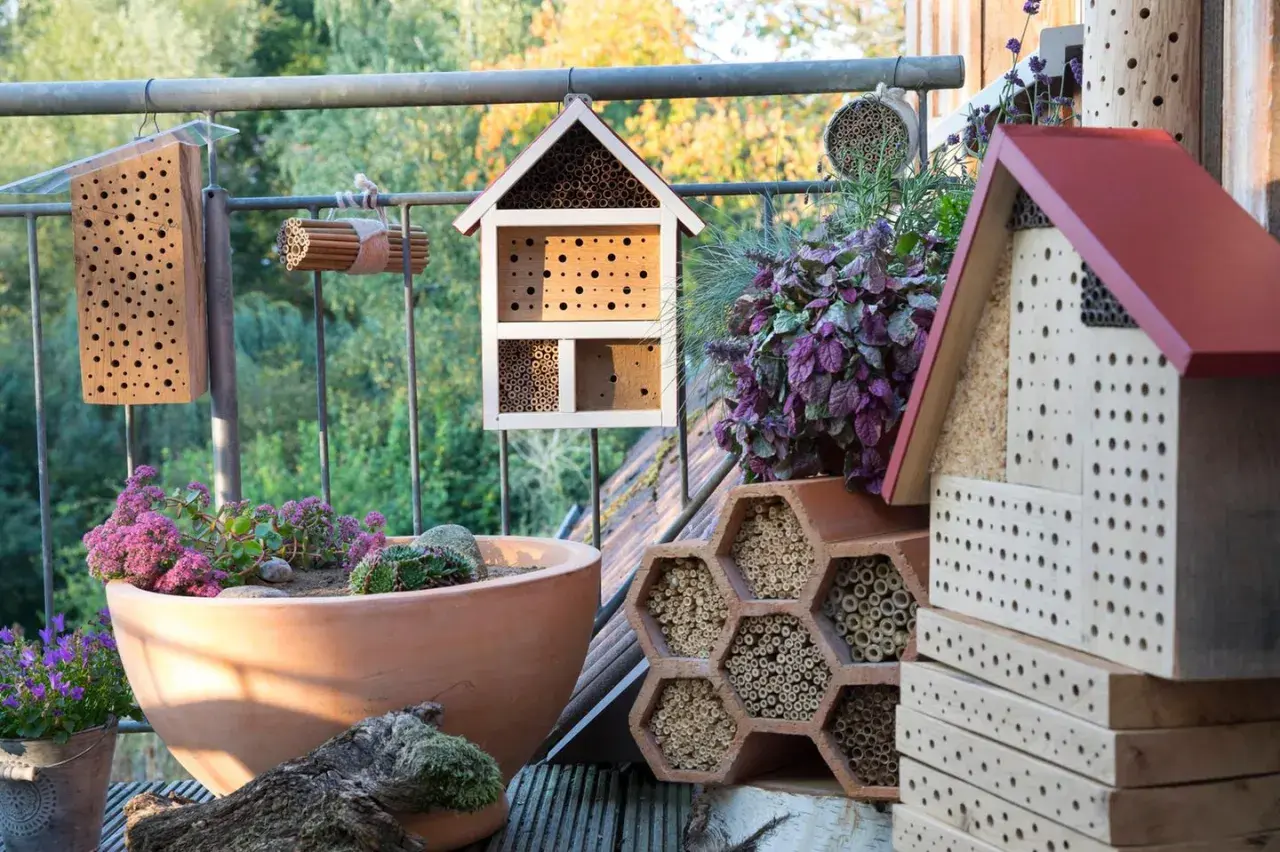 Mehrere Insektenhotels und ein bienenfreundlicher Topf mit Pflanzen. Ein perfektes wildbienen nest für kleine Krabbler.