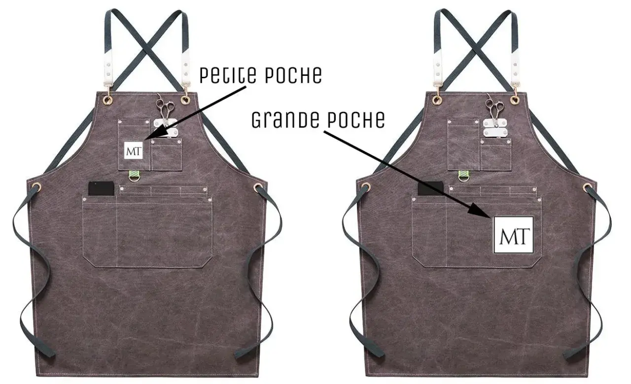 Tablier restaurant personnalisé en toile grise, avec poches et logo MT. Idéal pour un look professionnel et pratique.