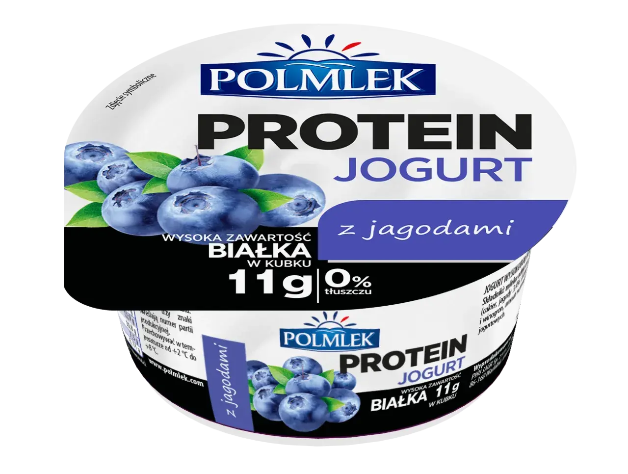 Jogurt proteinowy dla aktywnych, z jagodami. Wysoka zawartość białka 11g w kubku, 0% tłuszczu.