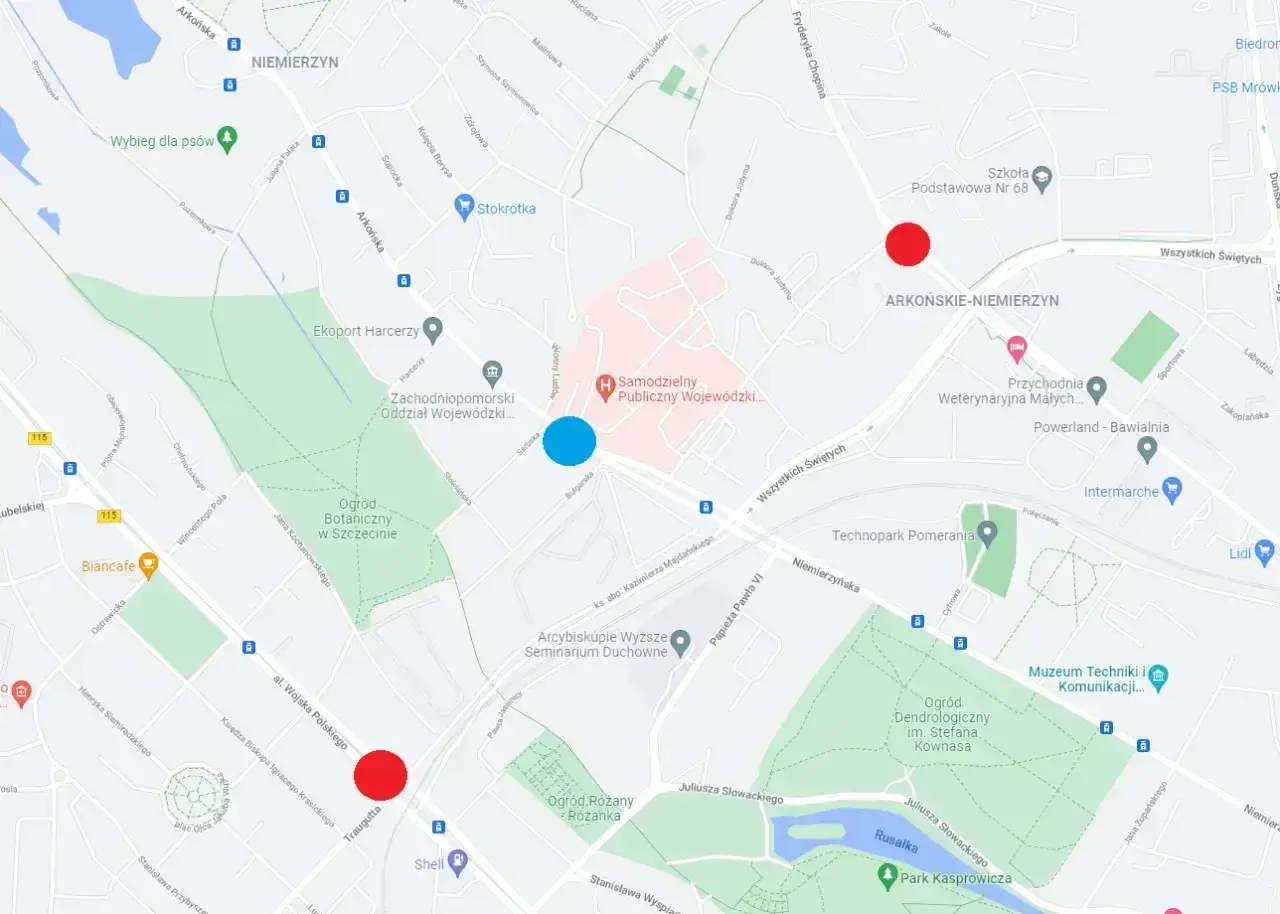 Mapa Szczecina z zaznaczonymi punktami. Jak dojechać do Ogrodu Botanicznego lub Wojewódzkiego? Czerwone i niebieskie kropki wskazują lokalizacje.