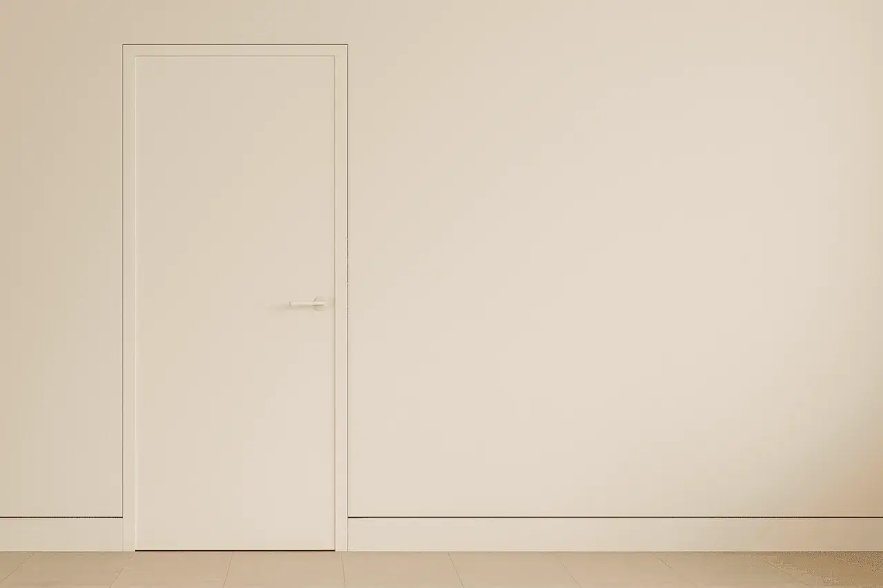 Puerta blanca minimalista con manija discreta y un rodapié enrasado que se funde con la pared, creando un espacio limpio y moderno.