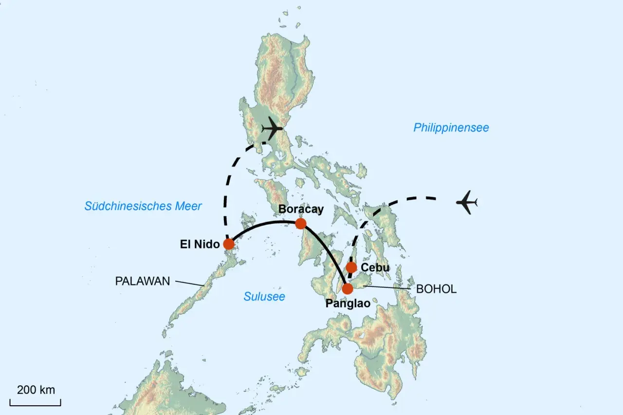 Reiseroute Philippinen 3 Wochen: Karte zeigt Flugrouten zwischen El Nido, Boracay, Cebu und Panglao.