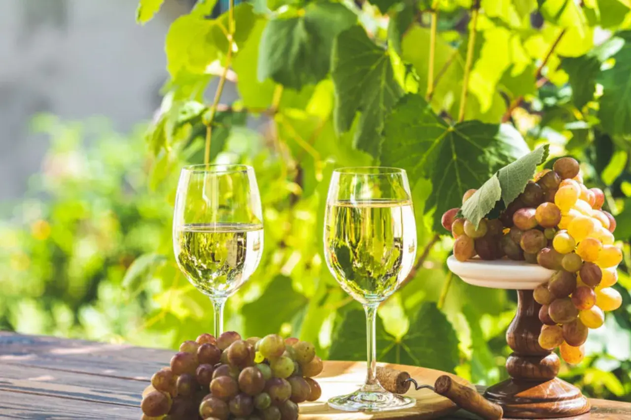 Deux verres de vin blanc frais, des grappes de raisins et un tire-bouchon sur une table en bois, parfait pour une visite à Saint-Émilion.