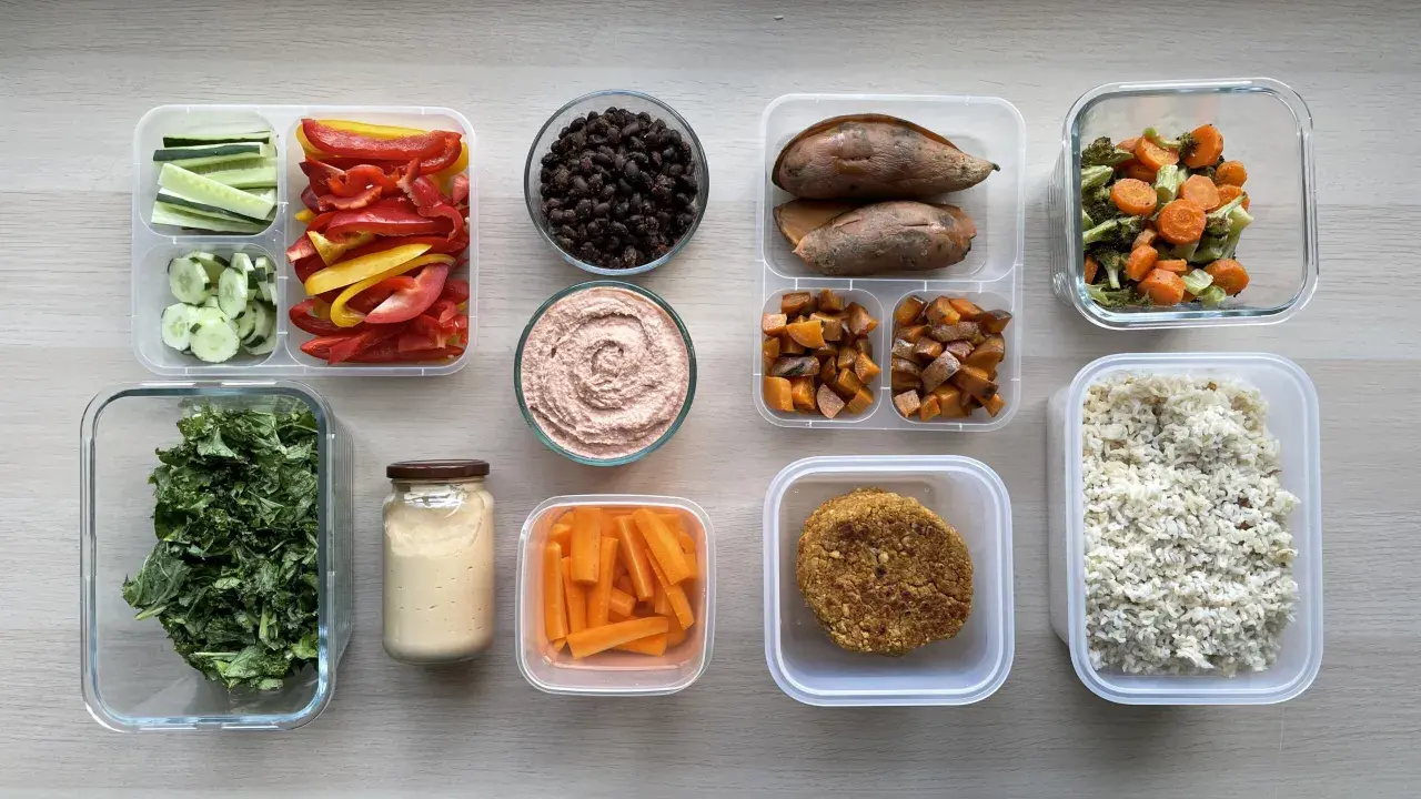 Healthy Japanese bento box ideas for adults: rice, veggie patties, roasted sweet potatoes, carrots, hummus, black beans, and fresh greens.