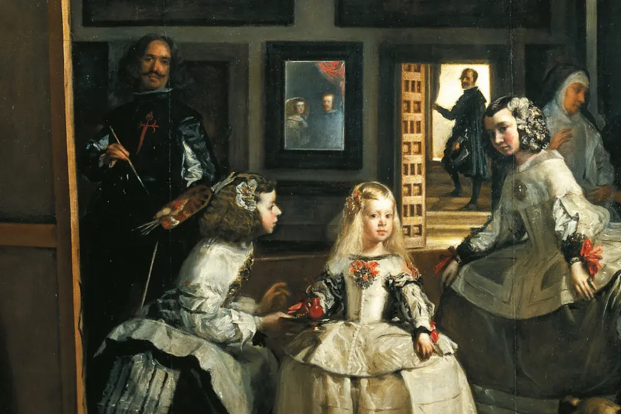 Las Meninas: malarz Velázquez maluje infantkę Małgorzatę Teresę i jej świtę. W lustrze odbijają się królewscy rodzice.
