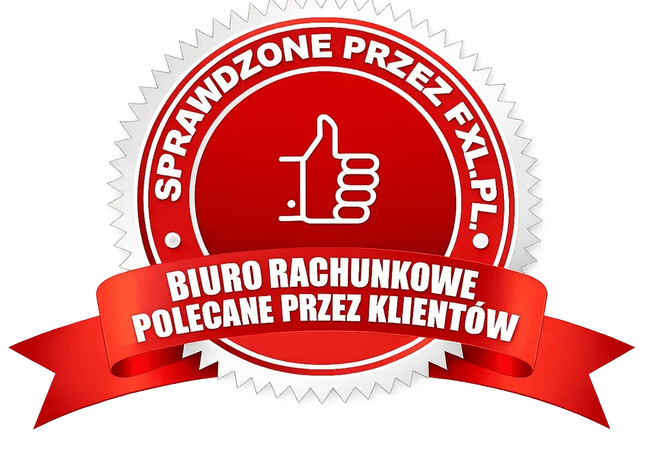 Czerwona pieczęć z kciukiem w górę i napisem "Biuro rachunkowe polecane przez klientów".