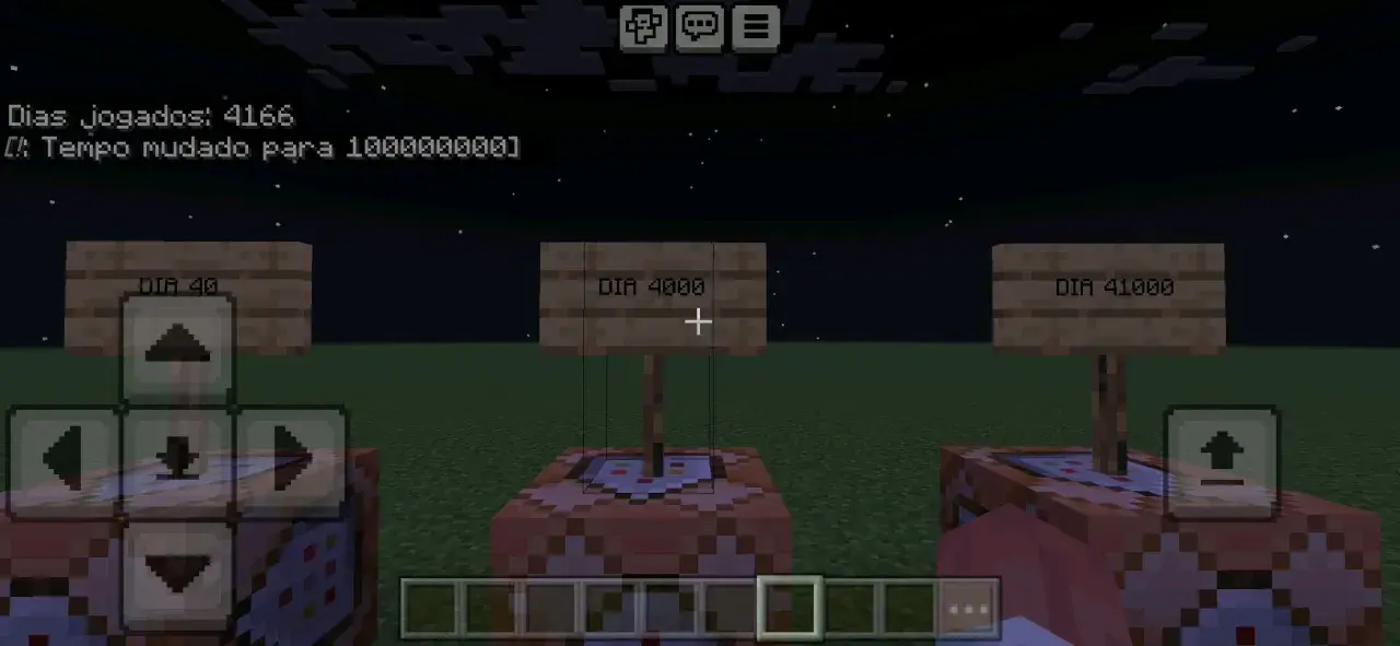W Minecraft, komenda na dzień pozwala na zmianę czasu gry. Widać tu znaki "Dzień 40", "Dzień 4000" i "Dzień 41000".