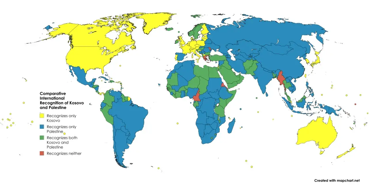 Mapa świata pokazująca, czy kosowo to państwo. Kolory oznaczają uznanie Kosowa i Palestyny przez inne kraje.