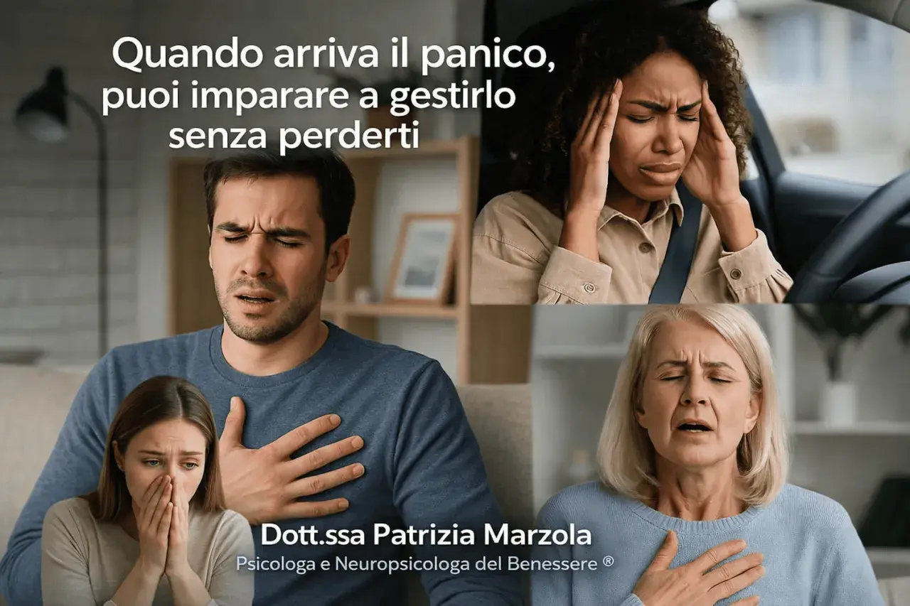 Persone mostrano sintomi di attacchi di panico: respiro affannoso, mani sulle tempie, mani sul petto. Impara a gestirli.