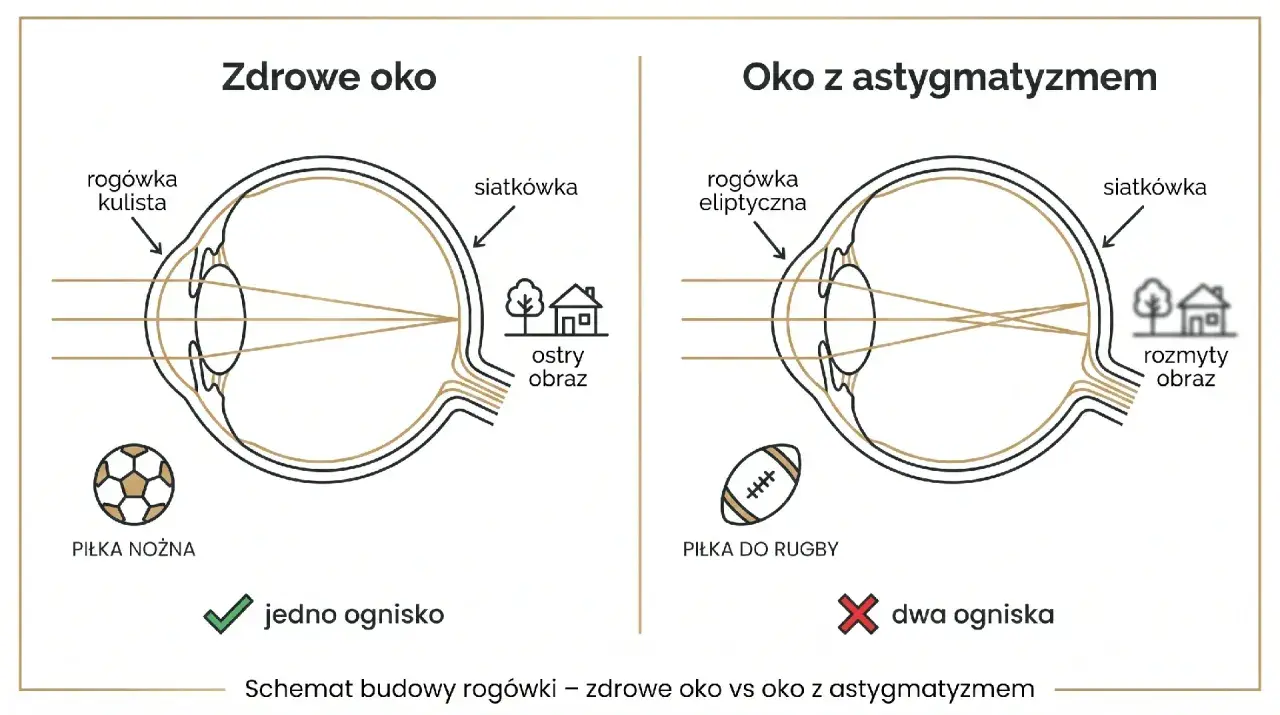 Astygmatyzm a prawo jazdy: zdrowe oko skupia światło na siatkówce, dając ostry obraz. Oko z astygmatyzmem tworzy dwa ogniska, co może wpływać na widzenie podczas prowadzenia pojazdu.