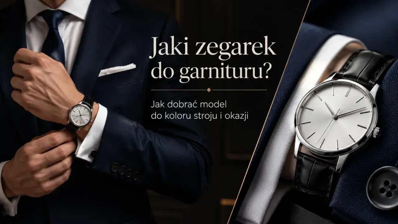 Elegancki mężczyzna w garniturze poprawia mankiet koszuli, prezentując klasyczny zegarek. Dowiedz się, jak nosić zegarek do koszuli, by dopełnić stylizację.