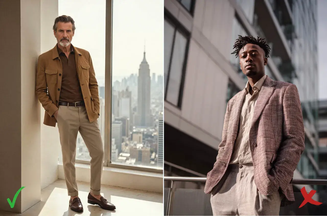 Zwei Männer in **smart casual** Outfits. Links ein älterer Mann in brauner Jacke und beiger Hose, rechts ein jüngerer Mann im karierten Sakko.