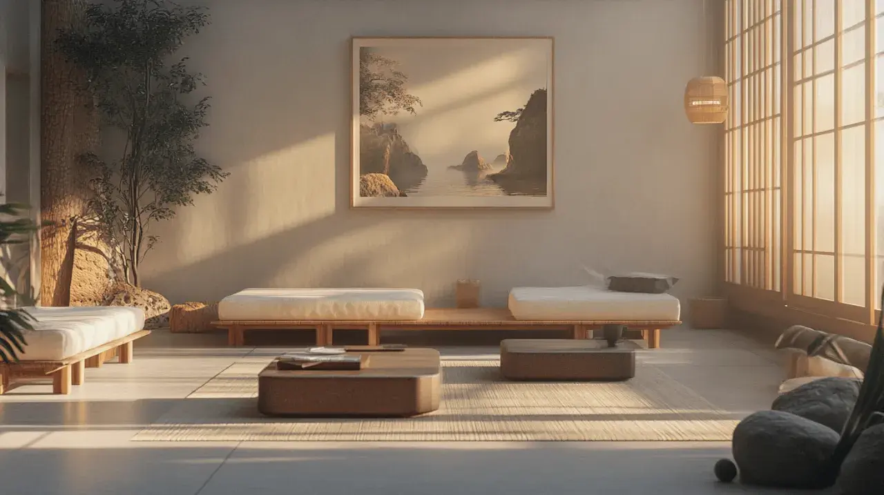 Minimalistisches Wohnzimmer mit niedrigen Holzmöbeln, einem japanischen Wandbild und viel Tageslicht. Perfekte wohnzimmer inspirationen für Ruhe und Entspannung.