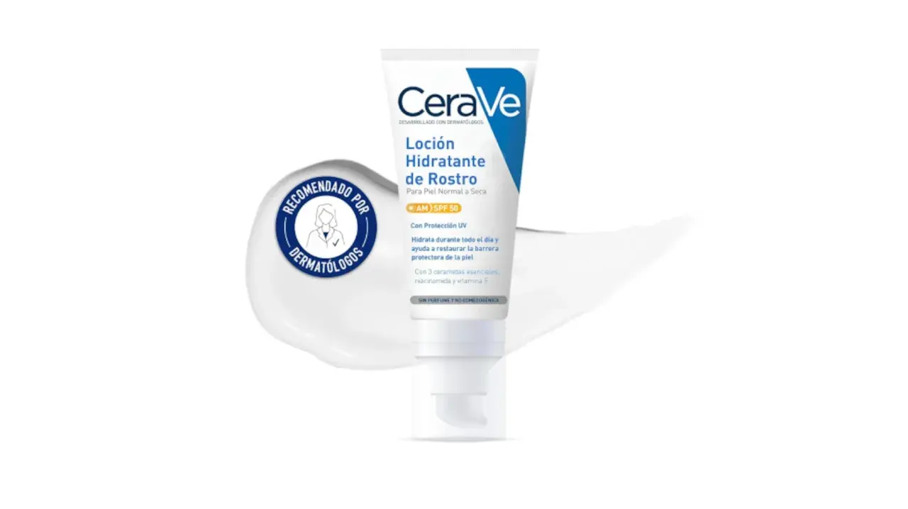 Loción hidratante CeraVe con SPF 50, recomendada por dermatólogos. Sus ceramidas esenciales ayudan a restaurar la barrera de la piel.