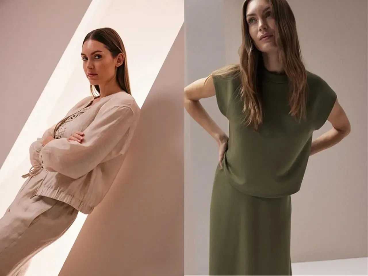 Zwei Frauen in stilvollen, **monochromen Outfits**: eine in Beige mit Leinenjacke und Hose, die andere in Khaki mit Oberteil und Rock.