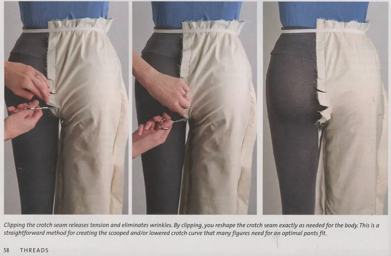 Hands clip the crotch seam of pants to reshape it for a better fit.