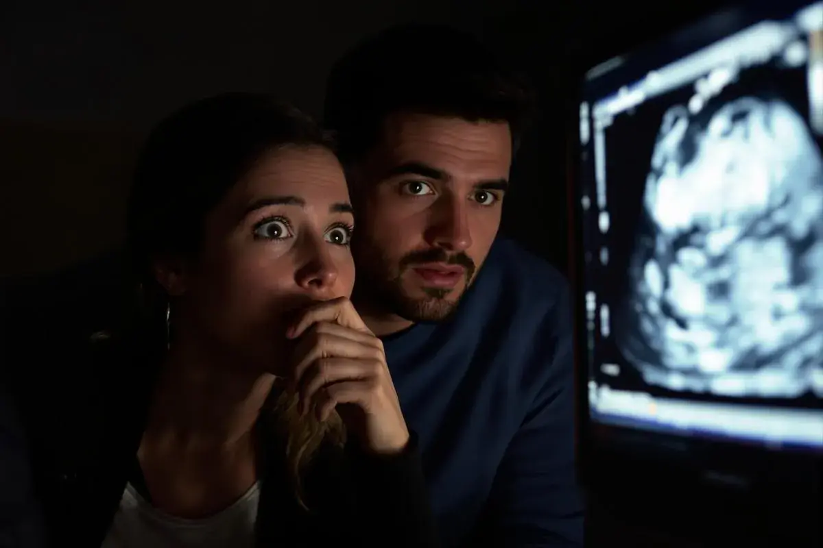 Un couple découvre avec stupeur sur une échographie jumeaux caché. Leurs yeux écarquillés reflètent l'incrédulité face à cette nouvelle inattendue.