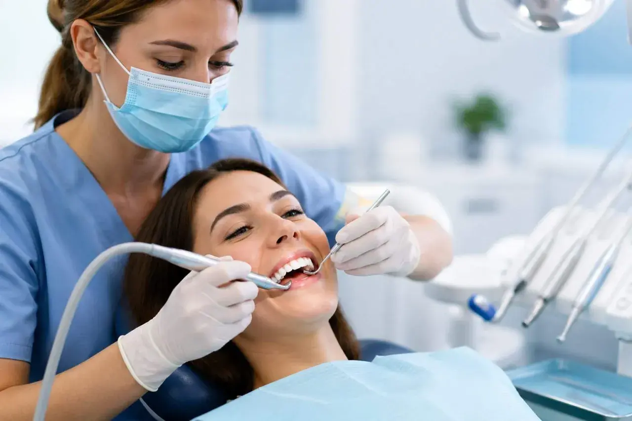 Dentista esegue pulizia dei denti. La paziente sorride, nonostante la paura che la pulizia dei denti fa male.
