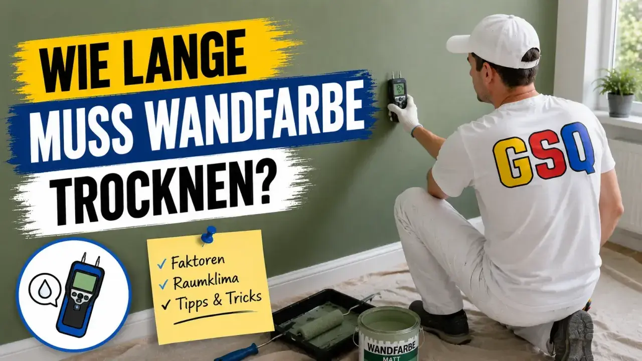 Ein Maler prüft mit einem Messgerät, wie lange Wandfarbe zum Trocknen braucht. Faktoren wie Raumklima und Tipps werden erklärt.