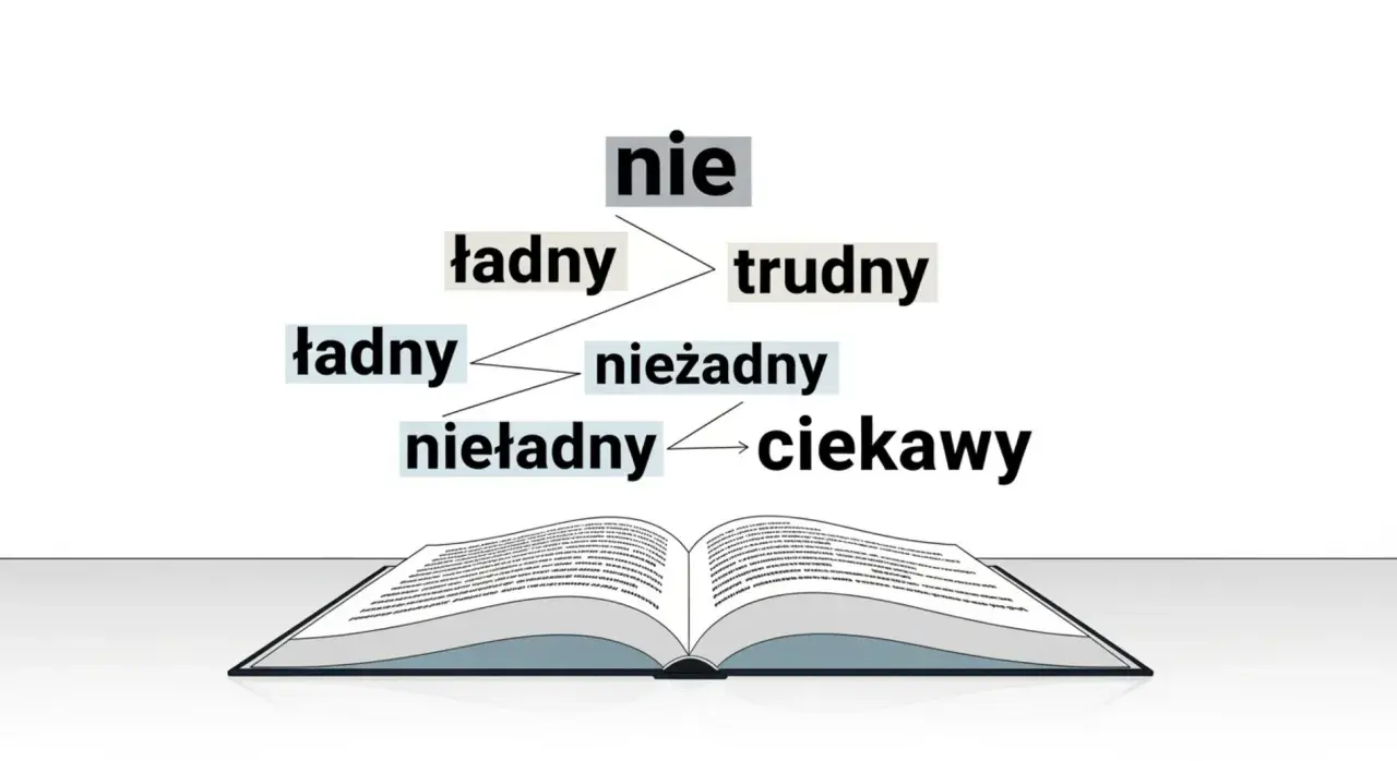 Diagram pokazuje, jak słowo "nie" może być pisane razem lub osobno z innymi słowami, tworząc nowe znaczenia.