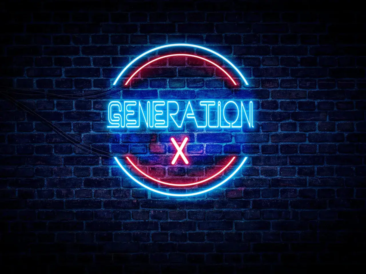 Neon sign on brick wall reads "GENERATION X" with a red X. Thinking about gen x retirement age.