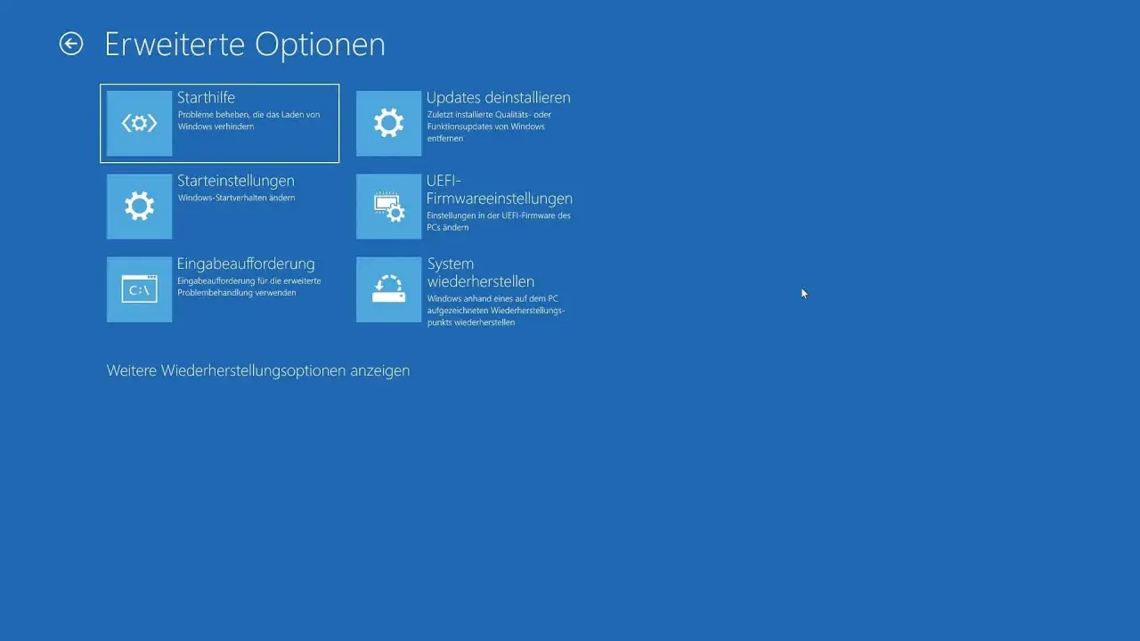 Erweiterte Optionen: Starthilfe, Starteinstellungen, Eingabeaufforderung, Updates deinstallieren, UEFI-Firmwareeinstellungen, System wiederherstellen. Hier können Sie Windows Updates deinstallieren.