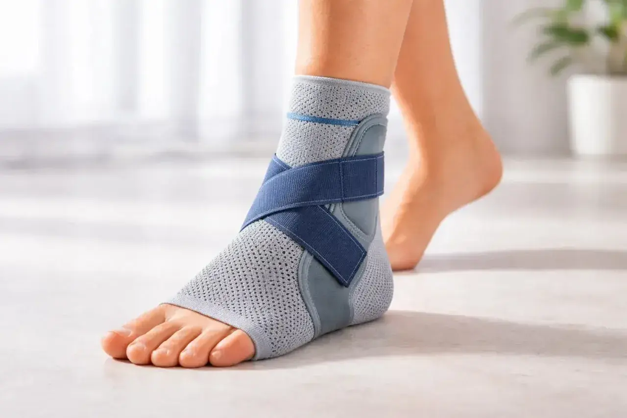 Fuß mit grauem Bandage OSG und blauen Gurten, bereit für Bewegung.