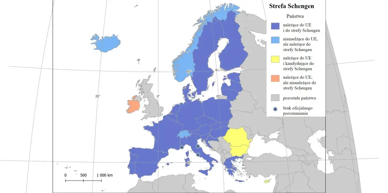 Mapa Europy pokazuje strefę Schengen. Gdzie jest Zurych? W Szwajcarii, która należy do UE i strefy Schengen (kolor niebieski).