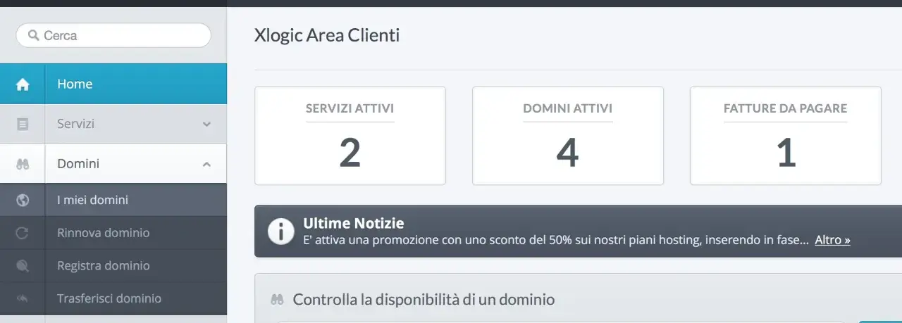 Dashboard Xlogic: 2 servizi attivi, 4 domini attivi, 1 fattura da pagare. Scopri il epp significato delle promozioni.