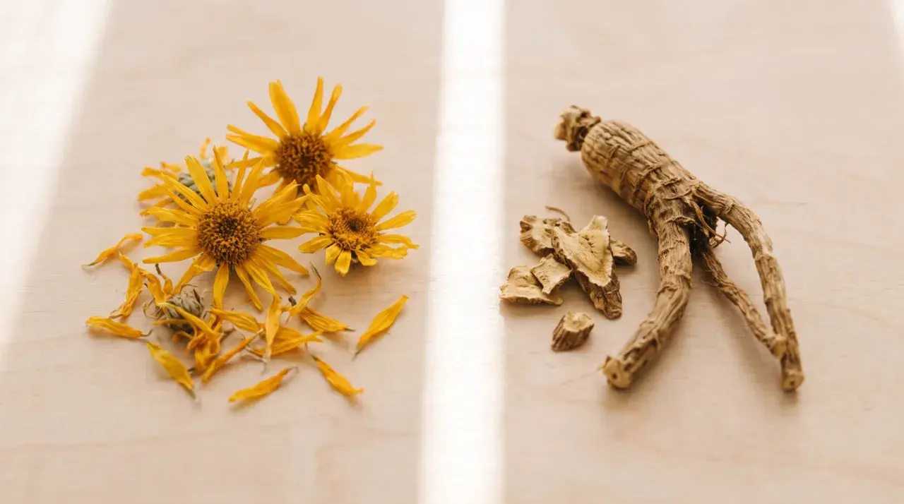 Fiori gialli e radici secche, ingredienti naturali per preparare rimedi, come l'arnica per bocca, su una superficie chiara.
