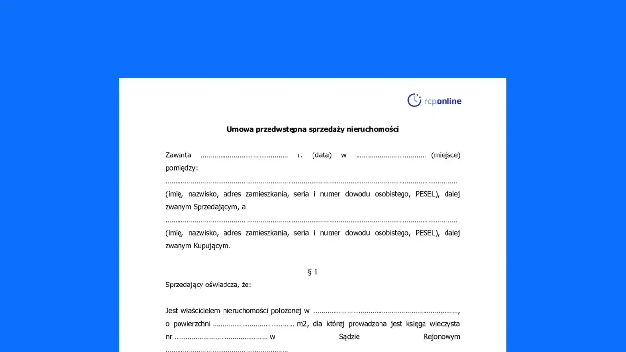 Umowa przedwstępna sprzedaży nieruchomości zawiera dane sprzedającego i kupującego, a także informacje o nieruchomości.