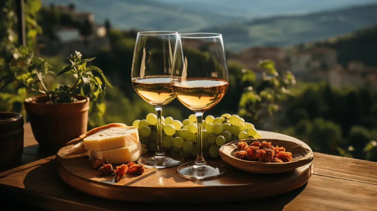 Due calici di vino bianco, uva, formaggio e pomodori secchi su un tagliere, con un paesaggio collinare sullo sfondo. Un assaggio del puglia wine.