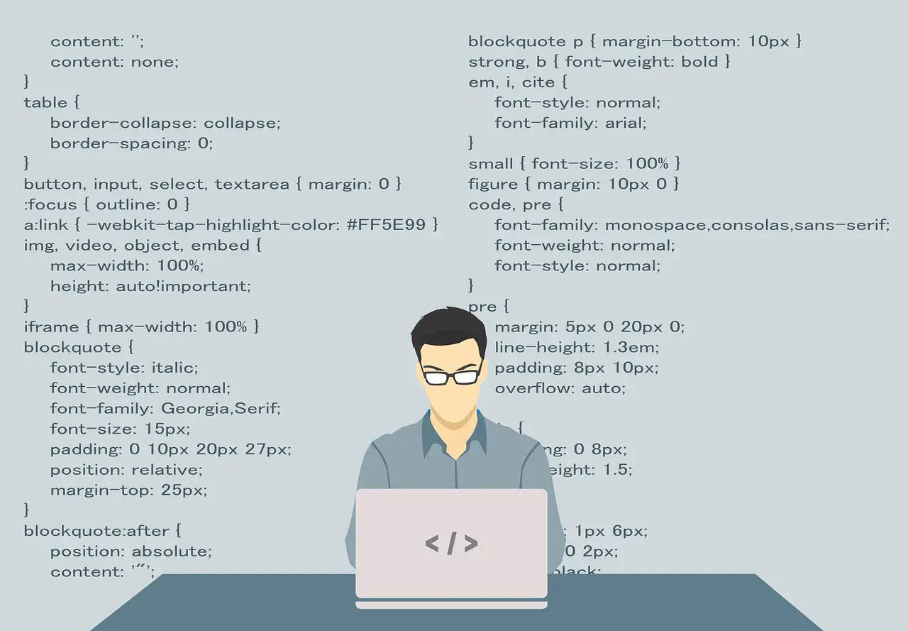 Programista przy laptopie, kod CSS na ekranie. Wyszukiwanie na stronie skrót.