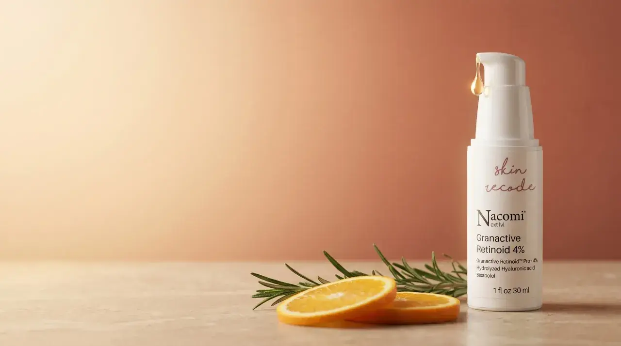 Retinol na twarz efekty: biała buteleczka serum z pompką, plasterki pomarańczy i gałązka rozmarynu.